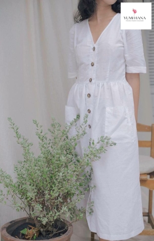 ĐẦM LINEN TRẮNG CÓ NÚT ÁO Yumi Hana