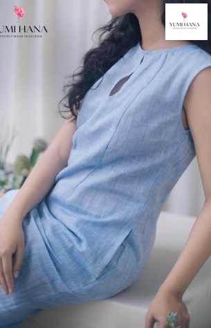 ĐẦM LINEN XANH DA TRỜI CỔ TRÒN Yumi Hana