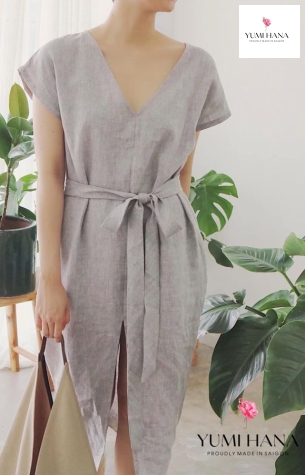 ĐẦM LINEN XÁM CÓ DÂY ĐEO ĐỘC ĐÁO Yumi Hana