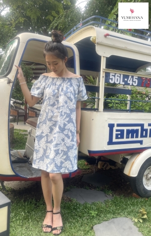 ĐẦM LINEN THIẾT KẾ BO VAI HỌA TIẾT LÁ CÂY Yumi Hana