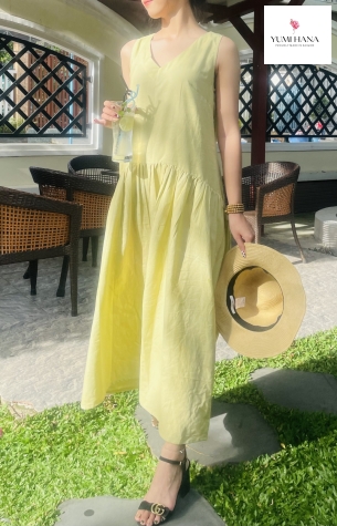 ĐẦM VÀNG LINEN THƯỚT THA Yumi Hana