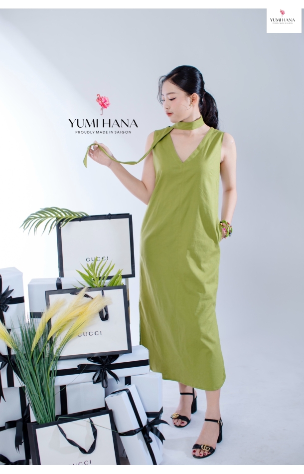 Đầm linen xanh thanh lịch